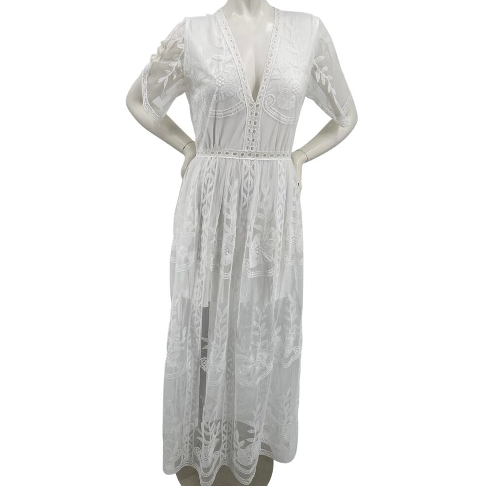 Eleter Women Deep V-neck Lace Romper Short SS Long Sheer Lace Dress Overlay  Med